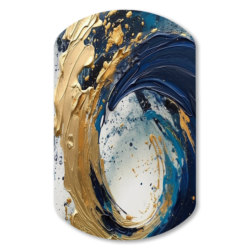 «Dark Blue and Gold Strokes VI», reproduction asymétrique abstraite sur métal, décoration murale cylindrique moderne en métal