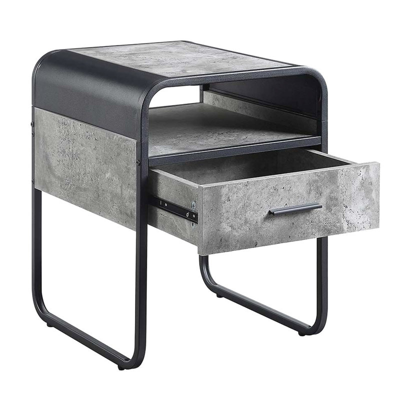 Table de bout carrée moderne en béton gris et noir, structure en métal, 1/2 tiroir à extension, tablette ouverte, bords courbés, idéal pour une utilisation sur table de style industriel gris, un tiroir avec glissière latérale, compartiment