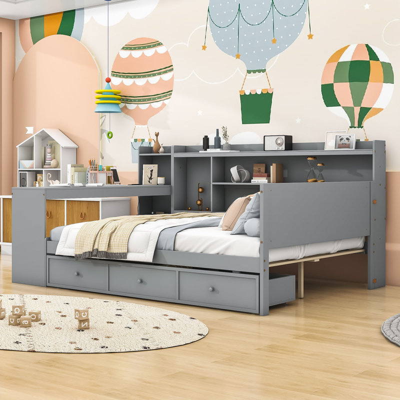 Lit de jour Assante avec bureau intégré et tiroirs de rangement intégrés, Gris, Double