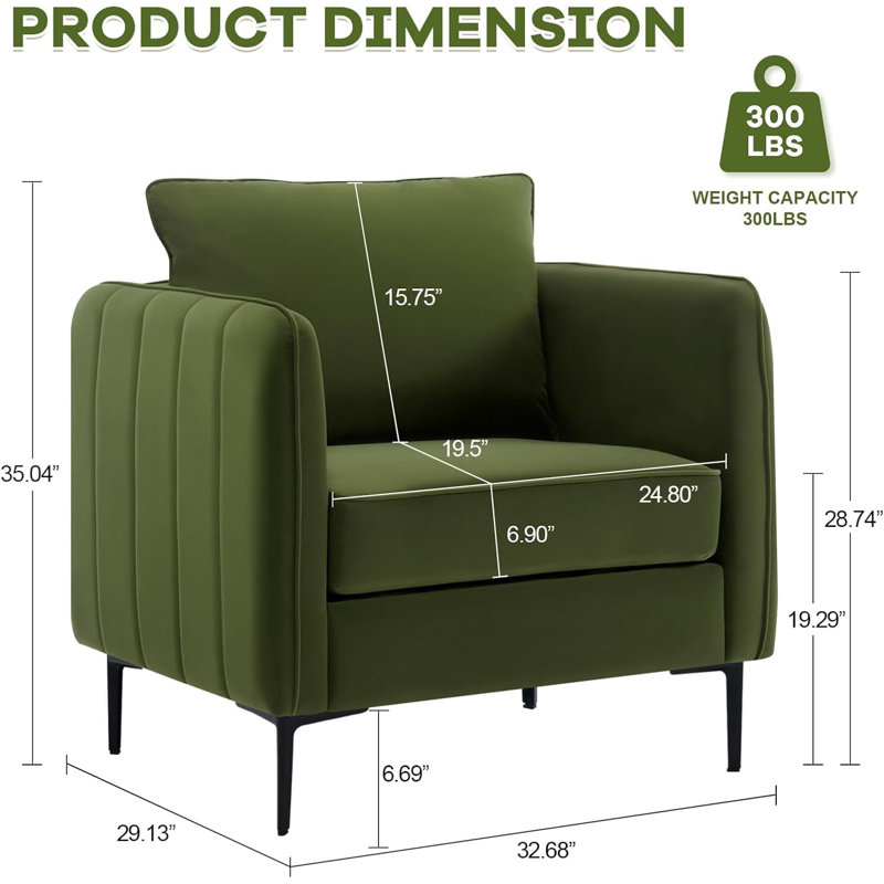 Velvet Accent Chair, Mid-Century Modern Armchair with Metal Legs and Pillow, Green