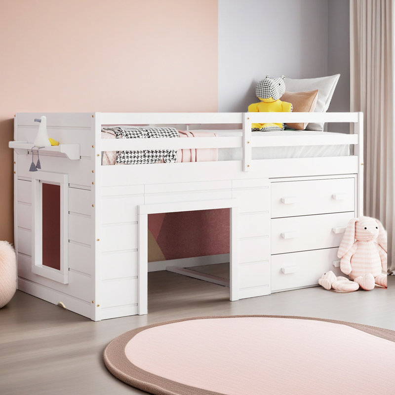 Lit mezzanine simple avec armoire et tablette, Blanc