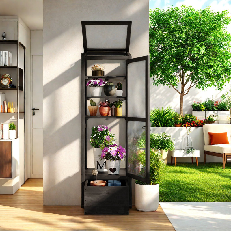 Black Fir Wood Garden Greenhouse with Adjustable Shelves and Storage Box