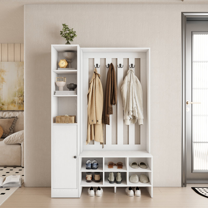 Sharlene White Hall Tree with Shoe Storage Bench, 65" H Entryway Organizer with 4 Coat Hooks, Open Shelves and Closed Cabinet, Modern Entryway Furniture for Hallway & Mudroom