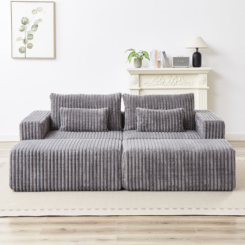Fauteuil modulaire en velours côtelé de 87 po sans assemblage requis pour un usage confortable, Gris