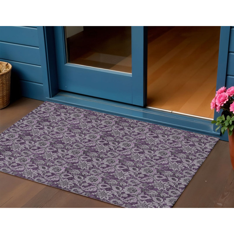 3' X 5' Eggplant Purple And Lilac Floral Washable Indoor Outdoor Area Rug