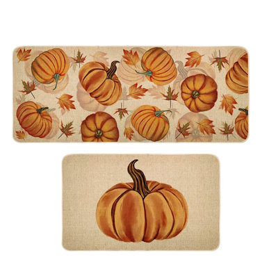 Non-Slip Fall Pumpkin Kitchen Mats Set of 2,Autumn Kitchen Rugs,17x29 and 17x47 Inch