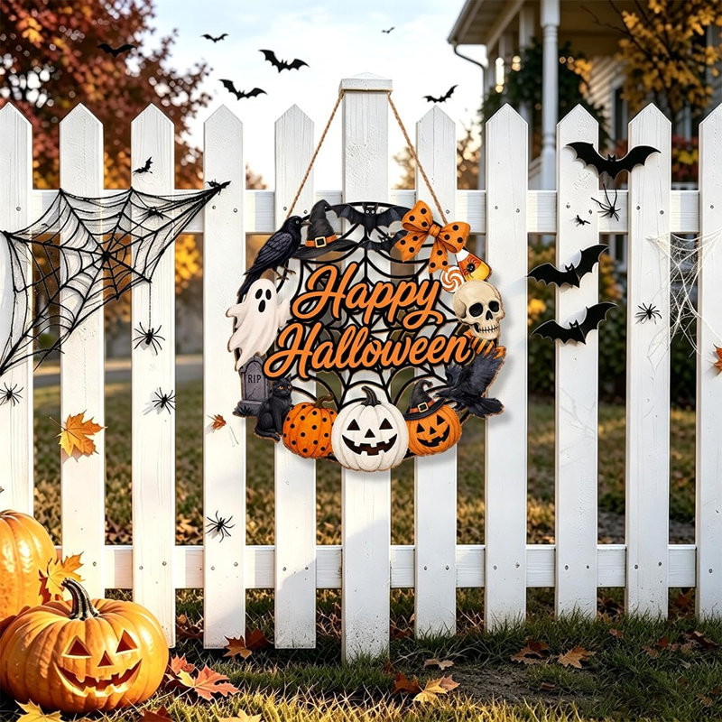 Panneau de porte d'Halloween en bois - fantôme, citrouille et couronne de chat noir avec décor de joyeux Halloween