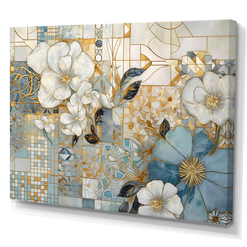 Motif floral doré bleu mosaïque I - impression, H 12 po x l 20 po x P 1 po, Toile tendue