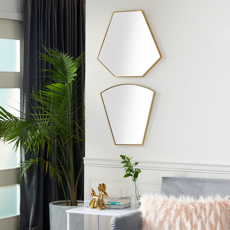 Gold Geometric Wood and Metal Wall Mirror Set, 18" and 19"