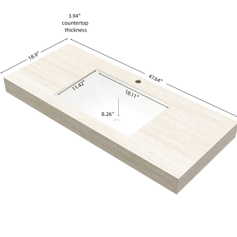 - Comptoir en pierre frittée à motif et lavabo rectangulaire encastré en céramique blanche, trou de robinet pré-percé simple, résistance à l'eau, conception de fuite standard d'une largeur de 18,93 po,