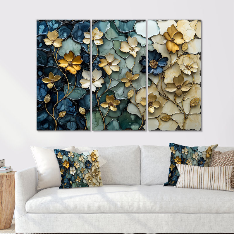 Ensemble de salon art mural bleu et bleu coquelicots Wilderness Poppies, Métal métal, H 40 po x l 60 po x P 1 po