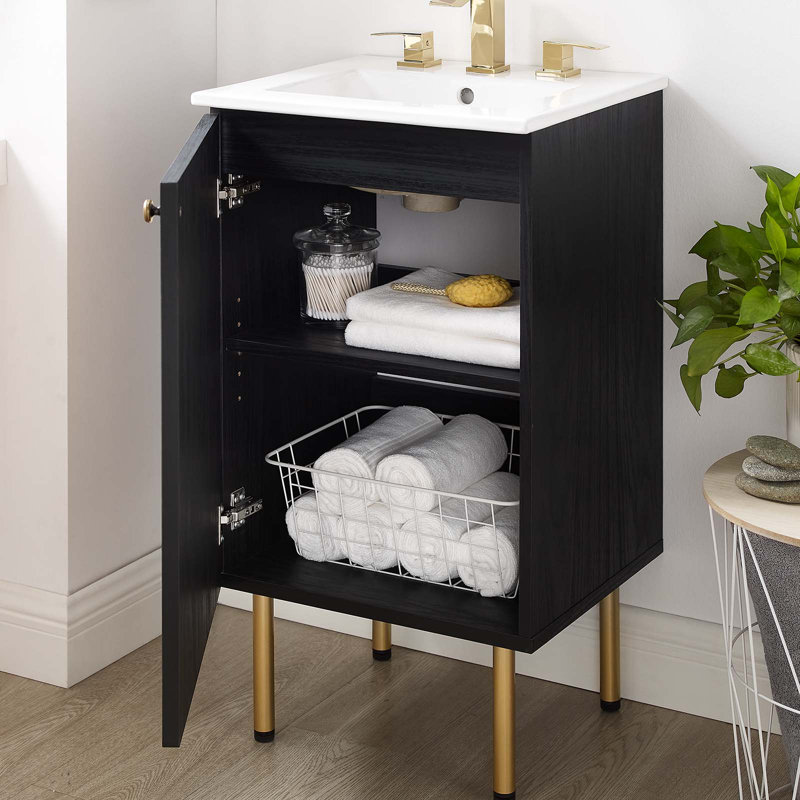 Chaucer 18" Black Wood and Rattan Bathroom Vanity with Ceramic Basin