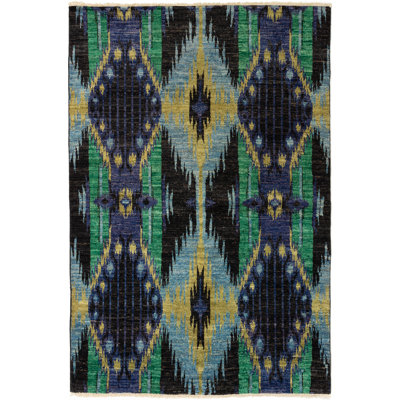 Tapis unique en laine noué à la main vert / noir années 2010 5 pi 11 po x 8 pi 11 po Quiller