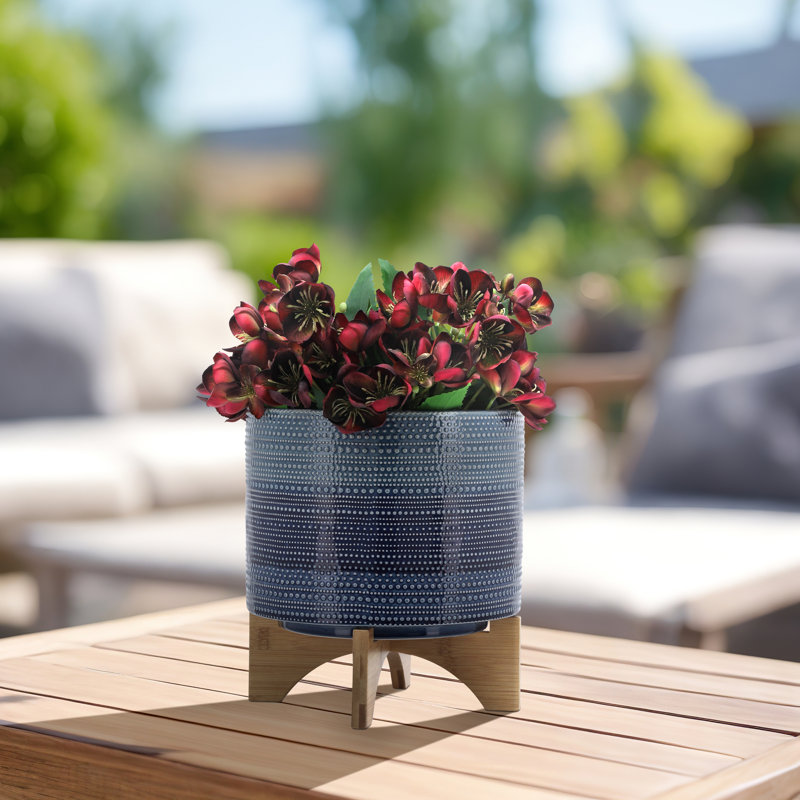 Jardinière en grès avec support en bambou Clingmans - Design moderne et élégant, matériaux de haute qualité, Bleu
