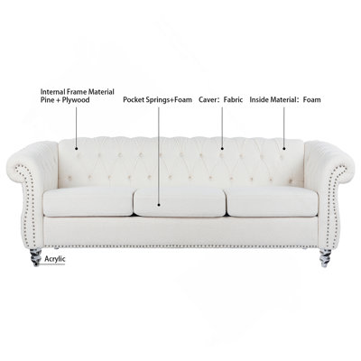 84" Rolled Arm Chesterfield 3 Seater Sofa