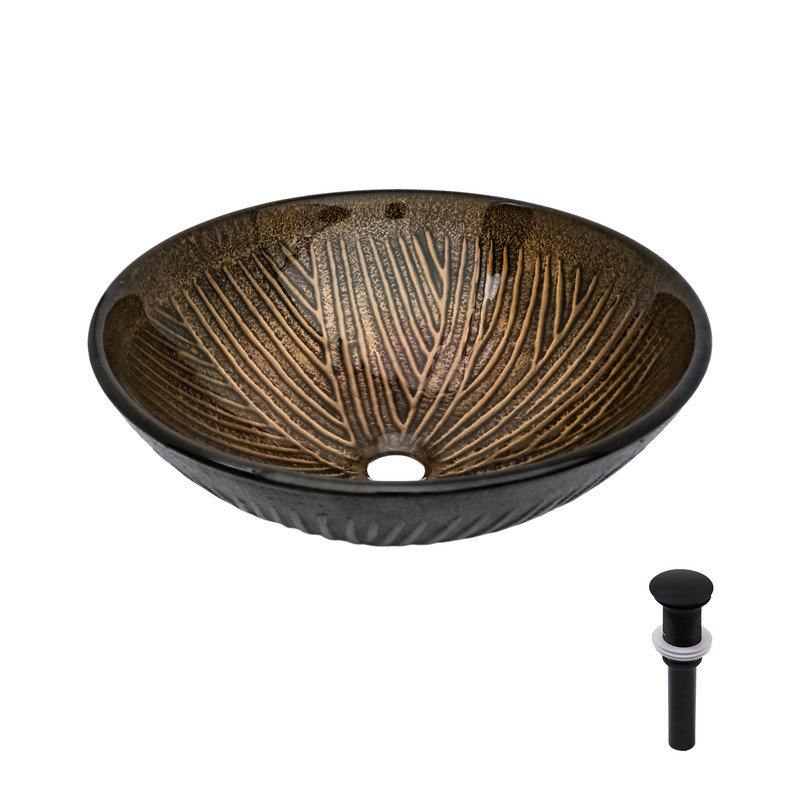 Artistic Feather Pattern Tempered Glass Vessel Sink with Pop-up Drain, Oval Bathroom Vanity Basin