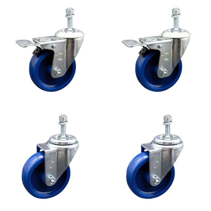 4 Inch SS Solid Poly 3/8 Inch Threaded Stem Caster Set 2 Total Lock Brake SCC