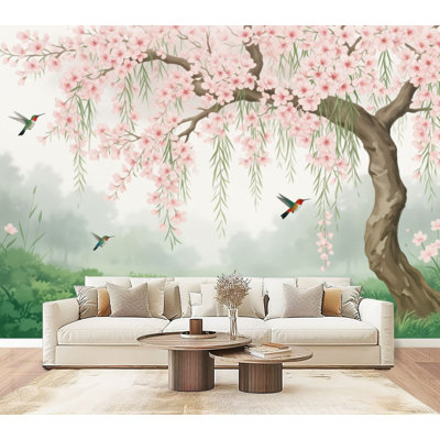 Papier peint à peler et coller Fleurs de cerisier serein, oiseaux aux couleurs pastel, peintures murales en bois H 69 po x l 96 po, papier peint amovible en PVC, adhésif pour chambre à coucher, bureau à domicile