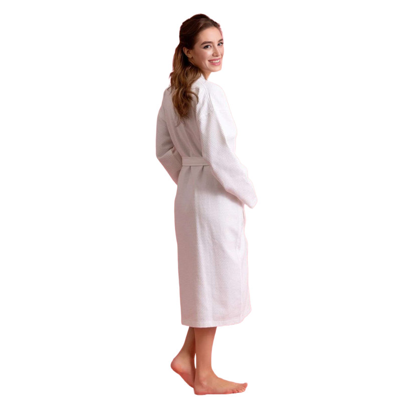 Peignoir mi-mollet 100% coton gaufré avec poches, Blanc