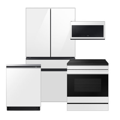 Samsung Bespoke White Glass Counter Depth Kitchen Package With 23 Cu. Ft. Smart BESPOKE 4-Door French-Door Refrigerator With Customizable Panel Colors And Beverage Center In White Glass