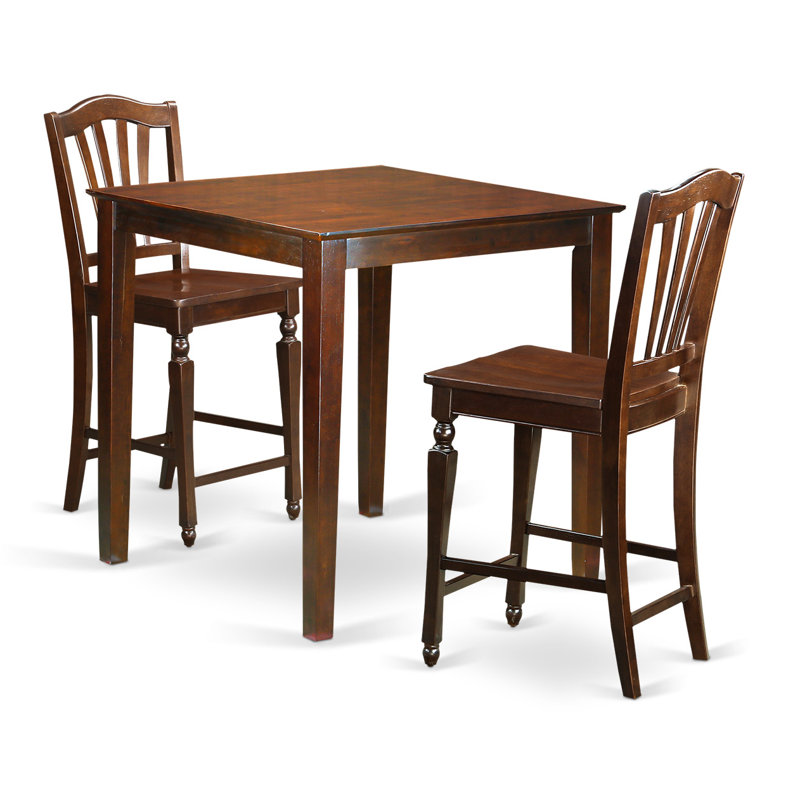 3 Piece Counter Height Pub Set for Small Spaces Contains a Square Dining Room Table and 2 Kitchen Chairs, Mahogany