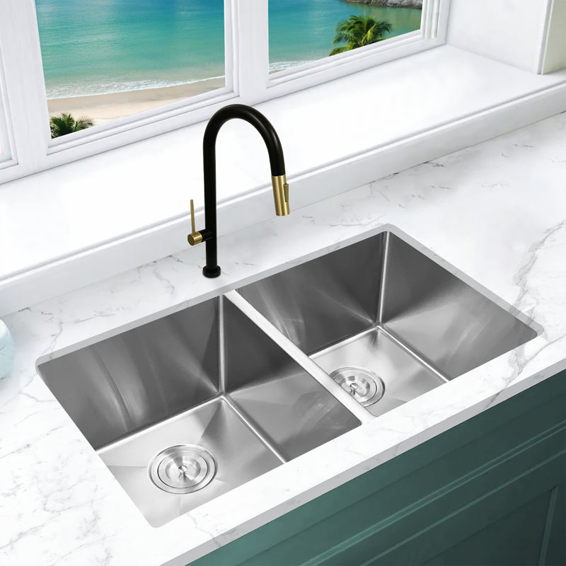 Évier de cuisine en acier inoxydable à double cuve étroite seulement KBFmore, H 9 po x l 31 po x P 9 po, Calibre 16