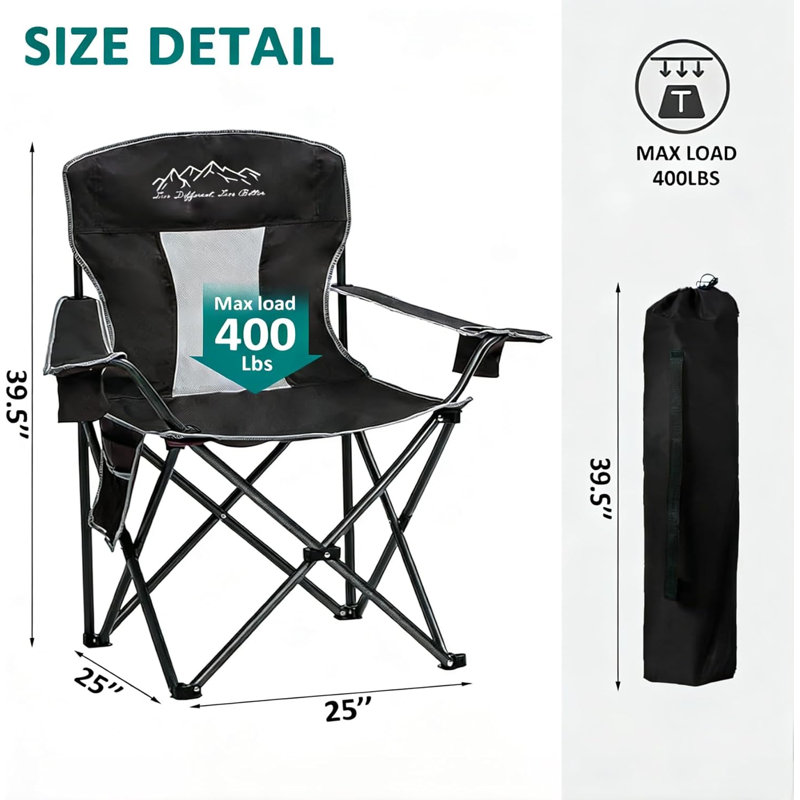 Folding Camping Chair Mesh Back Portable Breathable Outdoor Chairs With Carry Bag & Cup Holder For Camping, Beach, Fishing, Sports, Patio, Black,2pk