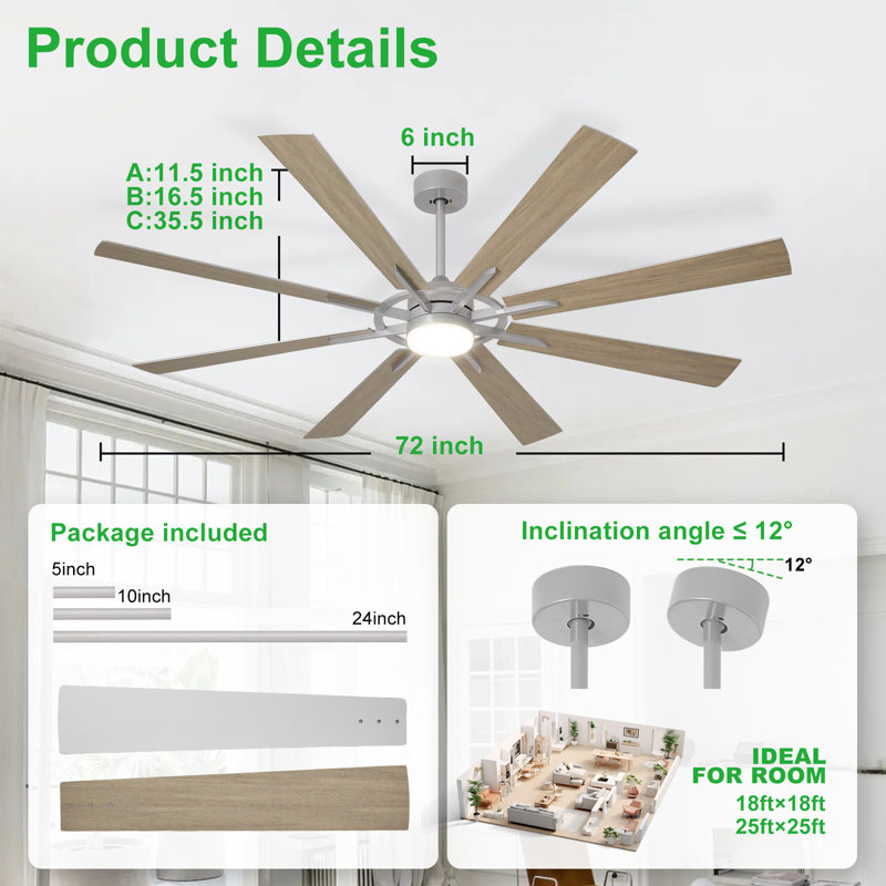 72 Inch Large Ceiling Fan with Light, Modern 8-Blade Silver and Wood Grain Indoor Outdoor Fans with Remote App Control Dimmable Light, Quiet DC Motor Reversible 6 Speed Timer