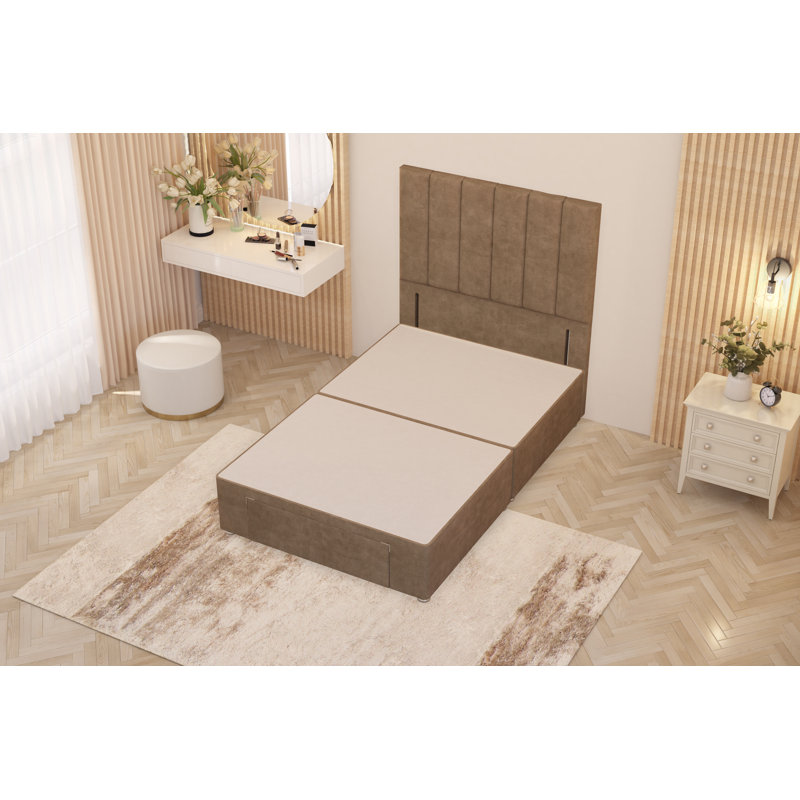 Asterin Divan Bed Base with 54" Floor Standing Headboard Plush Velvet, Beige, Double (4'6), 1 Foot-end Drawers