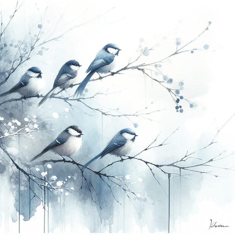Cinq oiseaux sur des branches avec des accents botaniques délicats sur toile tendue, H 20 po x l 20 po x P 1,5 po