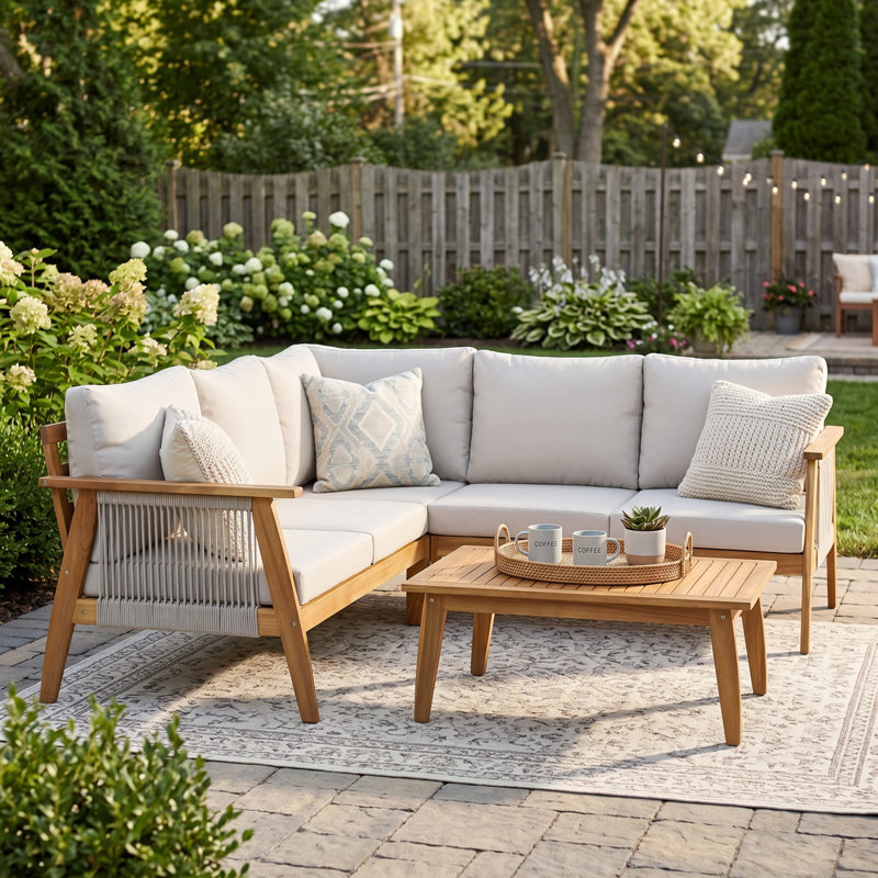 Ensemble de conversation d'extérieur en bois d'acacia et corde modulaire 4 pièces, canapé modulaire en L avec table basse pour bord de piscine et terrasse