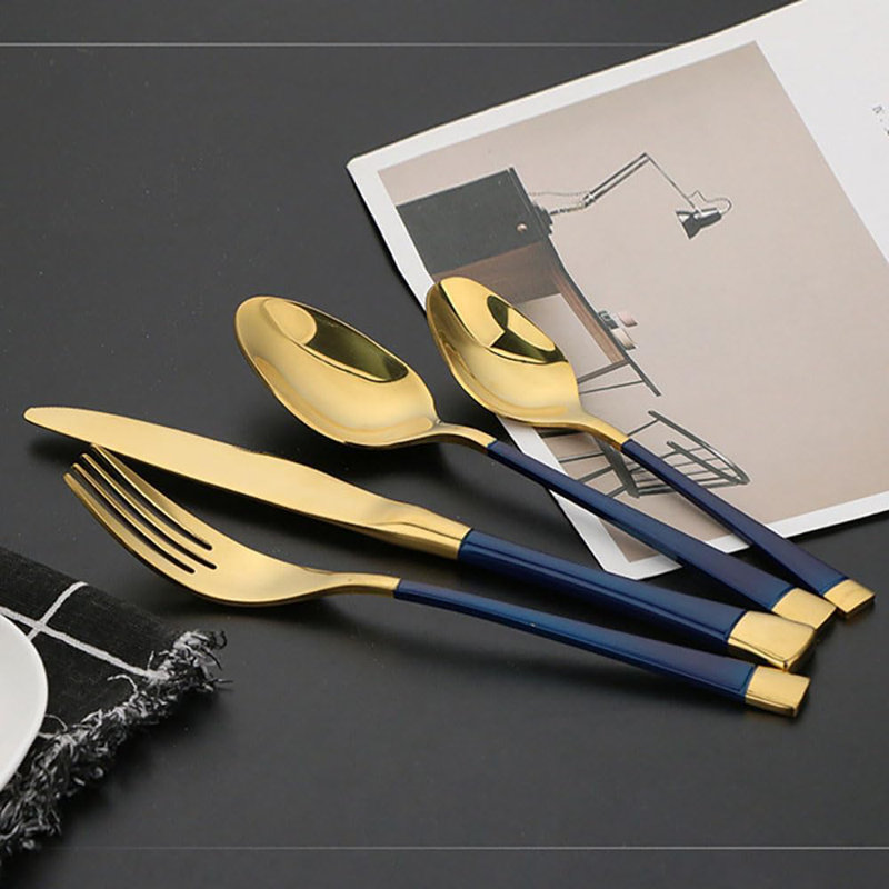 Gold Flatware Set 24-Piece Stainless Steel Kitchen Utensil Service For 6 Tableware Cutlery Set, Blue