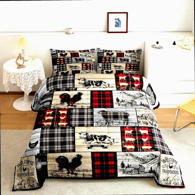 Farmhouse Animal Patchwork Comforter Set - Rustic Buffalo Plaid Quilt Set with Sheep, Chicken, and Cow Print - Country Cabin Bedding in Red, Black, and Grey - Lodge Farmhouse Decor - 3 Piece Set