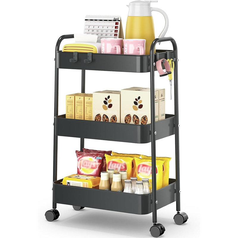Chariot de rangement roulant en métal à 3 niveaux avec crochets, chariot de rangement sur roulettes pour la cuisine, la salle de bain, le bureau, la chambre des enfants ou la salle de classe - noir