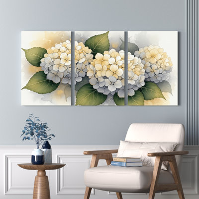 «Hydrangea», impression sur toile tendue à l'aquarelle sur toile, ensemble de 3