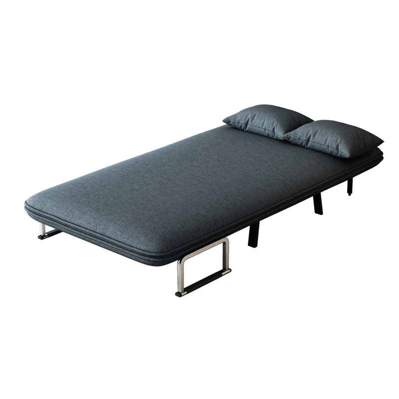 Lit convertible à cadre en fer, chaise convertible de 39 po avec méridienne rembourrée en velours réglable pour un sommeil confortable et un oreiller, bleu et gris