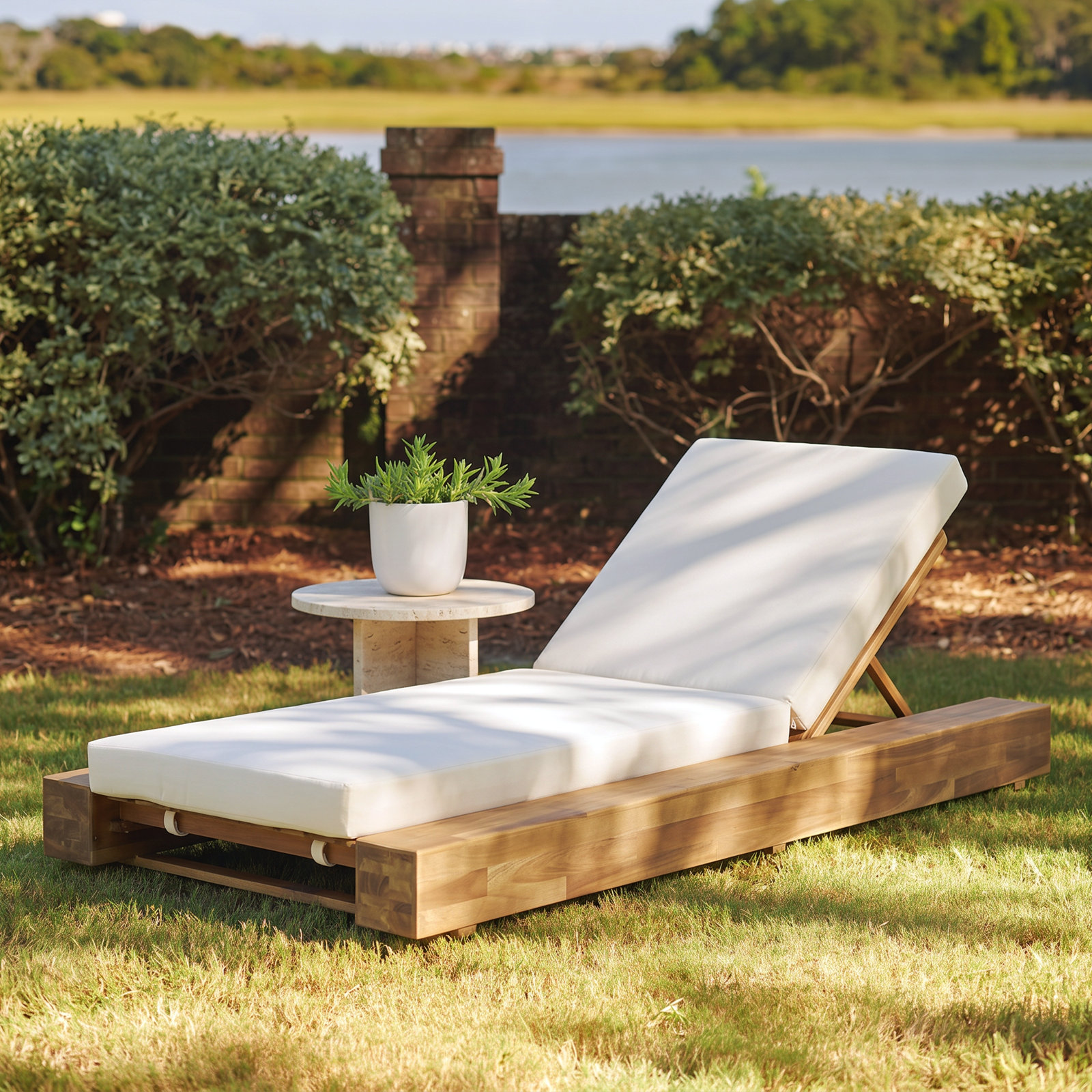 Donnie 39" Acacia Patio Chaise Lounge Set, Sandblast Teak Frame / Cream Cushion, 1