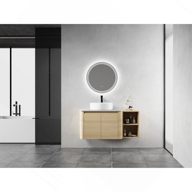 Meuble-lavabo mural 42 po avec lavabo d'art en céramique et 1 tablette de rangement, 2 portes à fermeture douce, contreplaqué