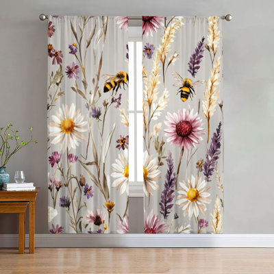 2Pcs Rideaux floraux printemps-été avec abeilles, motif de fleurs sauvages, campagne, rideau filtrant la lumière pour le salon, la chambre, la cuisine, les poches de la fenêtre, les rideaux
