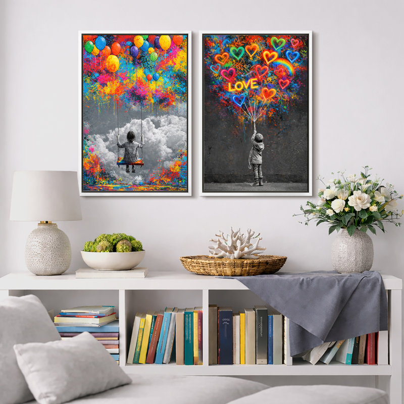 Art abstrait, fille avec ballons, impression sur toile encadrée, 2 pièces, Cadre blanc, H 36 po x l 48 po x P 1,5 po