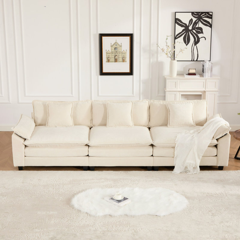 Grid Modular Oversized Deep-Seat Cloud Sofa, Modern Double-Layer Cushion Cloud Couch, Beige, 33'' H × 117'' W × 30'' D