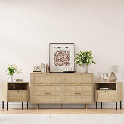 Aimara 3-Piece Bedroom Set, 51" Rattan 6 Drawer Dresser & Nightstand Set of 2