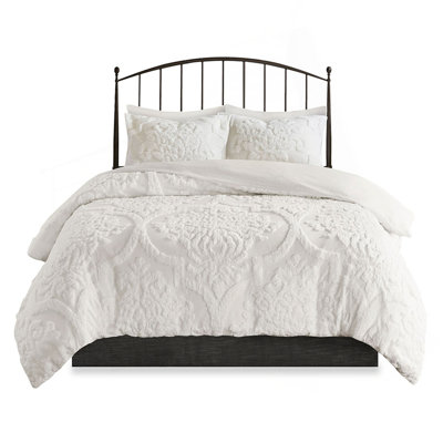 3 Piece Tufted Cotton Chenille Damask Comforter Set Off-White