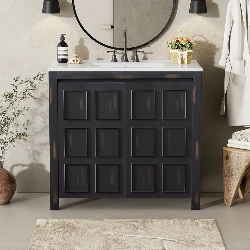 36" Vintage Espresso Bathroom Vanity | Ceramic Sink & Solid Wood Storage