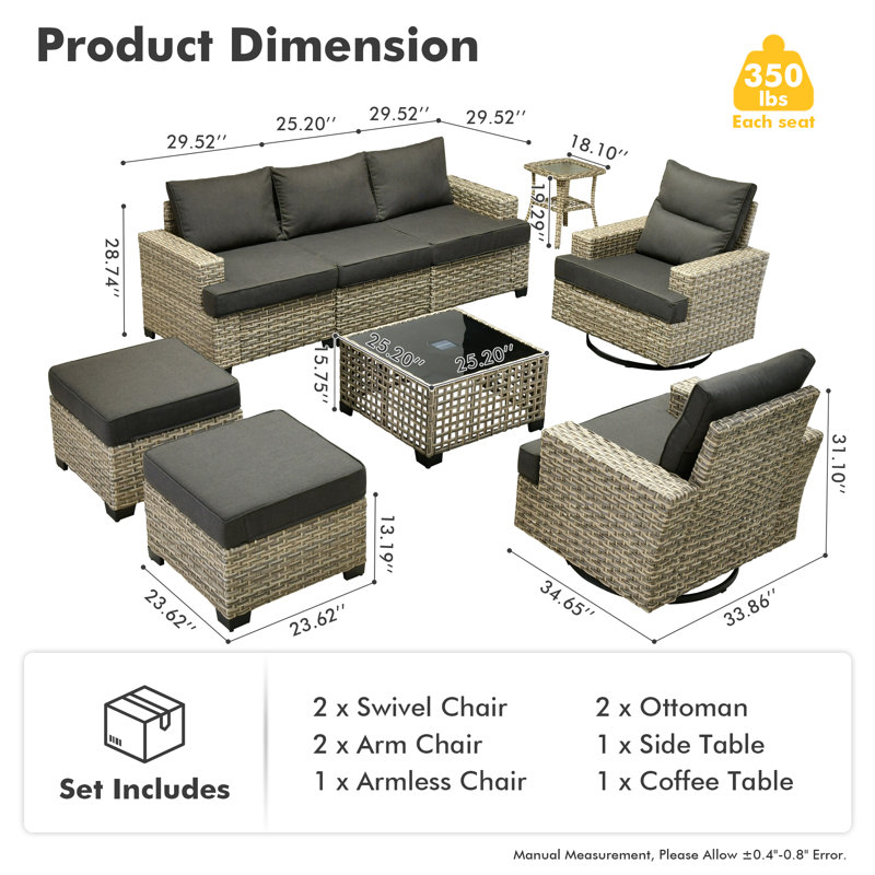 Outdoor Rattan Woven Sofa With Luminous End Table And Swivel Chair, Black