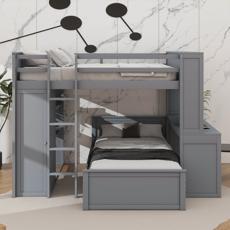 Lit mezzanine double avec lit simple attaché, étagère, bureau et garde-robe, Gris