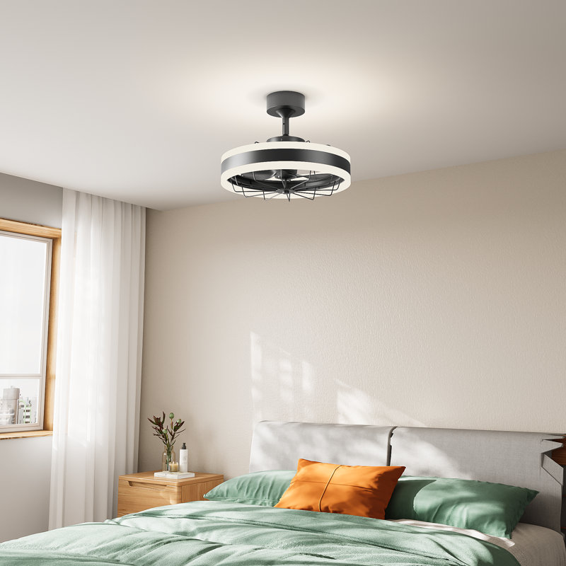 Ventilateur de plafond à DEL à intensité variable 16 po avec télécommande, plafonnier encastré pour chambre à coucher, moteur réversible à 6 vitesses, noir