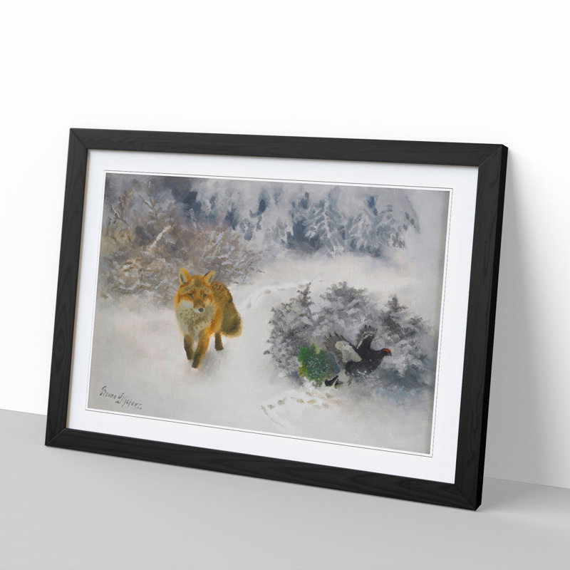 Fox and Black Grouse Cock by Bruno Liljefors - Picture Frame Painting, 48cm H x 65cm W x 2cm D, Black Framed