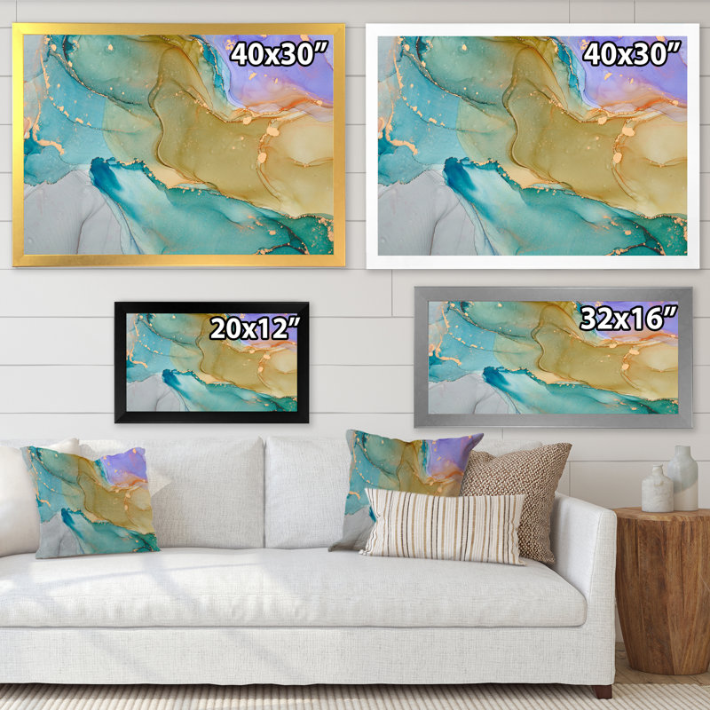 «Green and Blue Tender Liquid Art III», reproduction sur toile, H 34 po x l 44 po, Cadre photo argenté