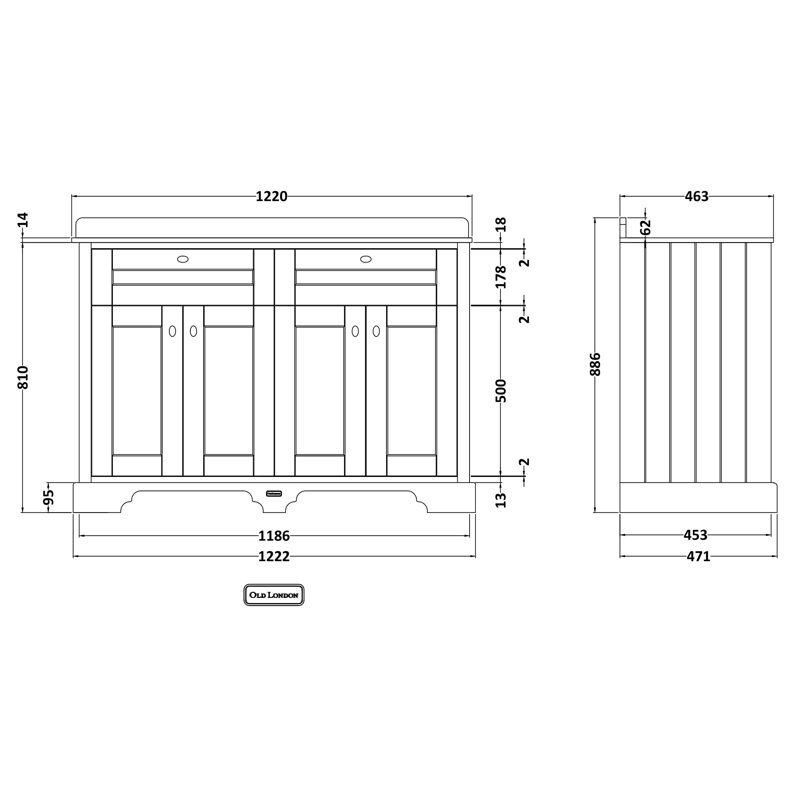 Old London 1222mm Double Bathroom Vanity with Drop In Vitreous China Basin, Hunter Green